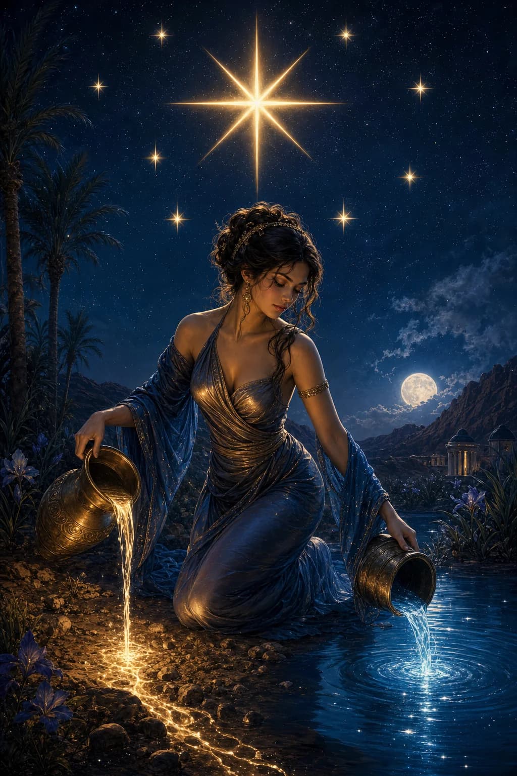 Una grande stella dorata sovrasta una donna vestita con due recipienti. Un getto raggiunge la terra e l'altro l'acqua. Il cielo e l'acqua sono blu scuro.